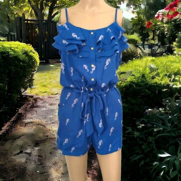 Seahorse Print Romper L Blue One Piece Ruffles Flowy Drawstring Tied Waist - Picture 8 of 16